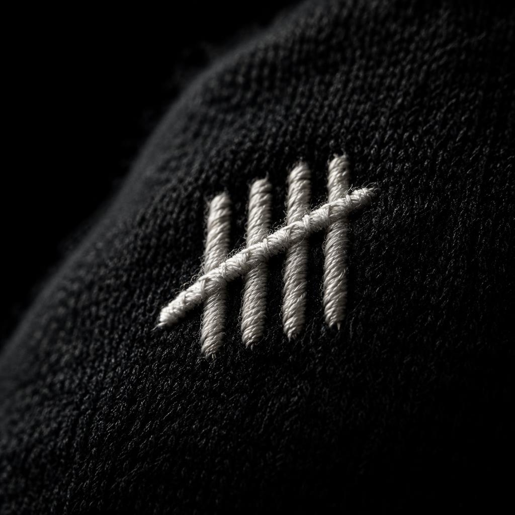 Extreme close-up of the bone-white tally-mark embroidery on black fleece, thread texture visible.